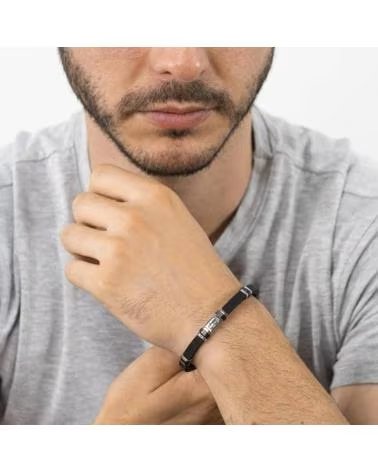 MINOPLATA PULSERA CICLISTA DE ACERO Y CAUCHO NEGRO