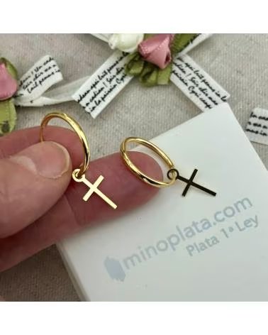 MINOPLATA PENDIENTES AROS CON CRUZ COLGANTE DE PLATA DE LEY CHAPADA 15