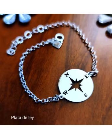 MINOPLATA PULSERA BRUJULA ROSA DE LOS VIENTOS DE PLATA DE LEY