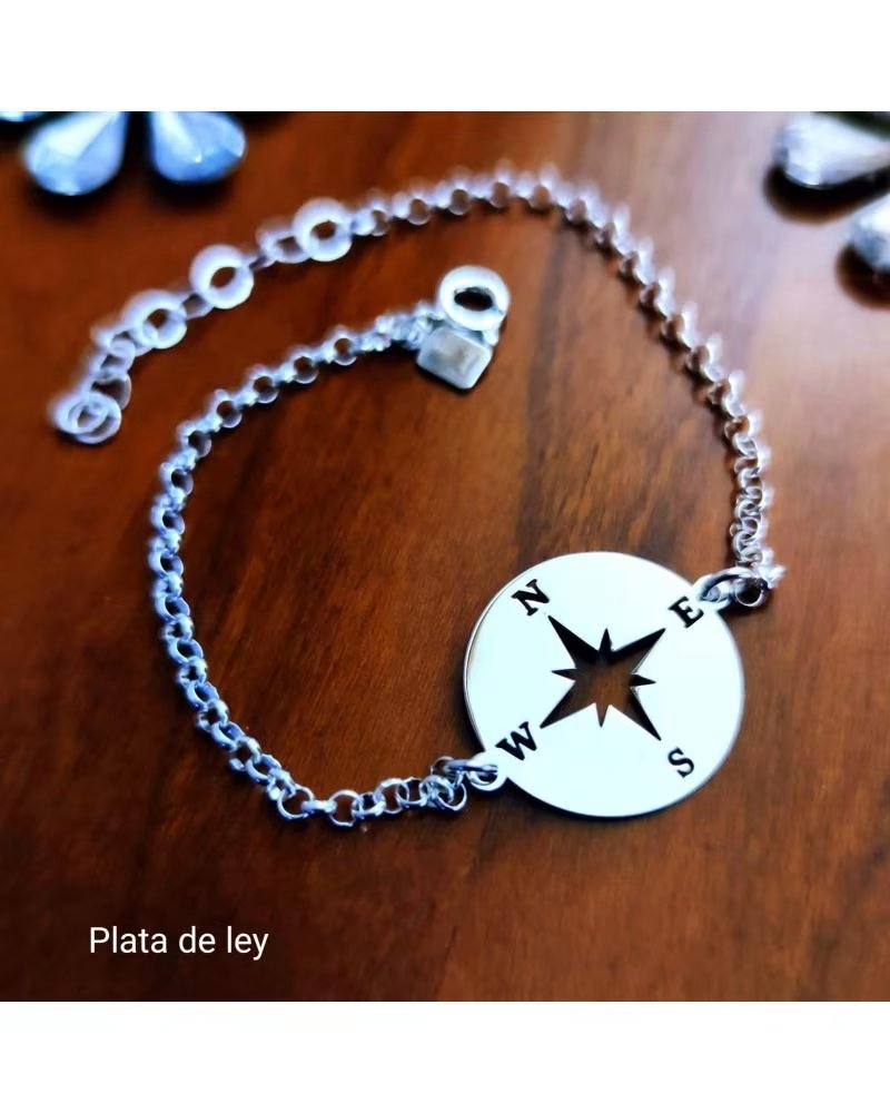MINOPLATA PULSERA BRUJULA ROSA DE LOS VIENTOS DE PLATA DE LEY