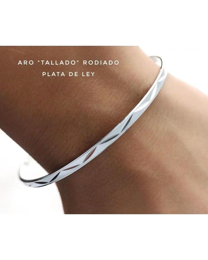 MINOPLATA PULSERA DE PLATA RODIADA ARO SEMANARIO TALLADO 3 MM Y 65 MM