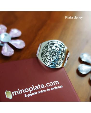 MINOPLATA ANILLO GRABADO LASER FLOR DE PLATA DE LEY