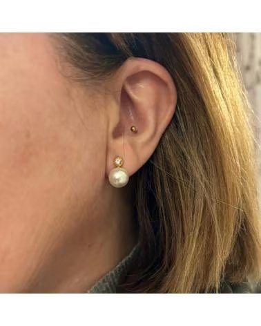 MINOPLATA PENDIENTES JAPONESA DE PLATA DORADA PERLA Y CIRCONITA 10 MM