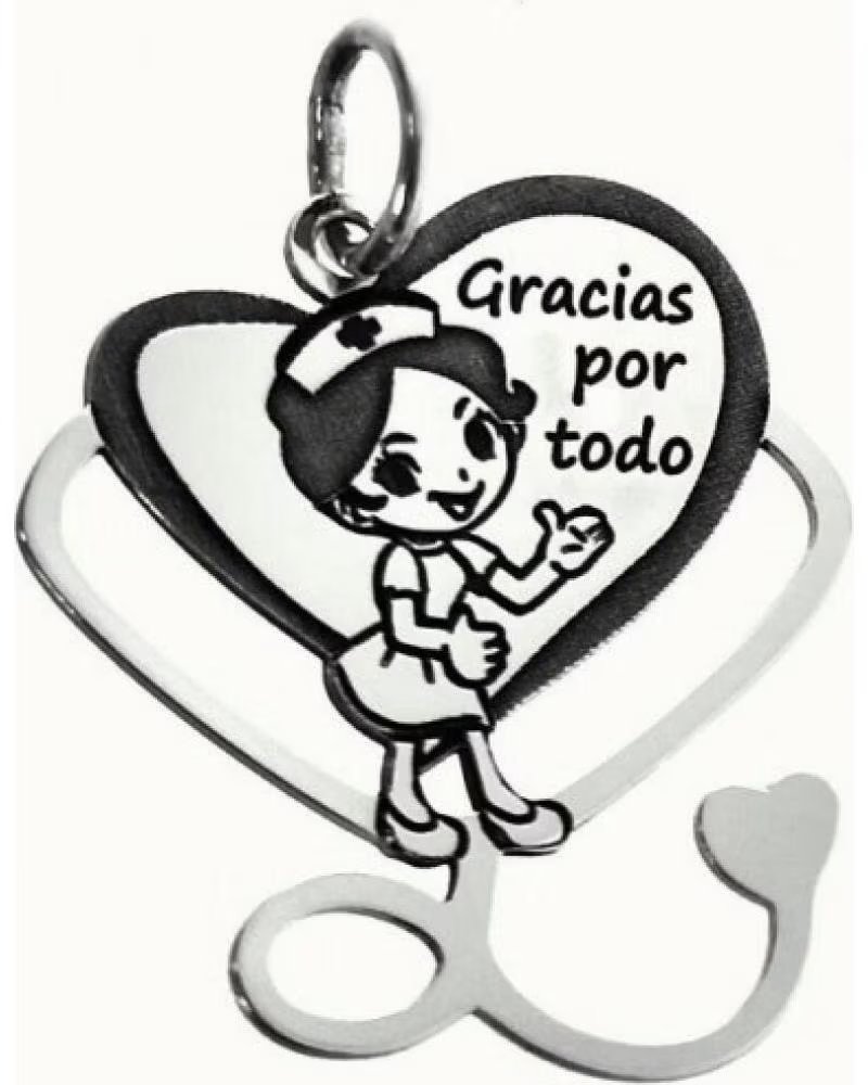 MINOPLATA COLGANTE CORAZON FONENDO ENFERMERA GRACIAS POR TODO DE PLATA