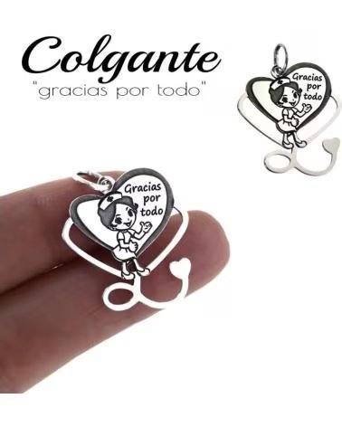 MINOPLATA COLGANTE CORAZON FONENDO ENFERMERA GRACIAS POR TODO DE PLATA