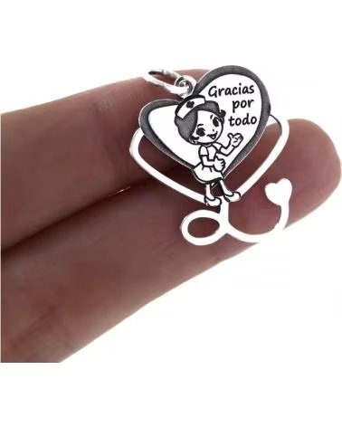 MINOPLATA COLGANTE CORAZON FONENDO ENFERMERA GRACIAS POR TODO DE PLATA