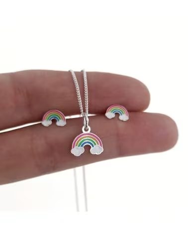 MINOPLATA JUEGO PENDIENTES Y GARGANTILLA INFANTIL ARCOIRIS DE PLATA DE