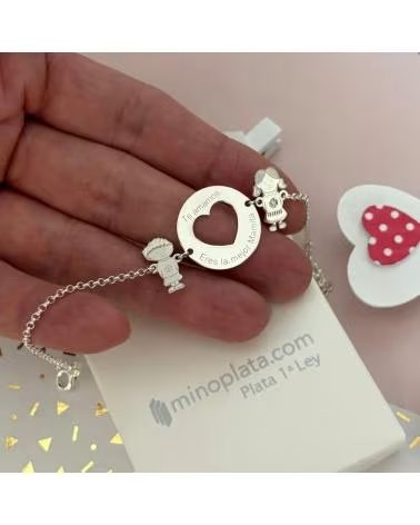 MINOPLATA PULSERA CORAZON CON NINOS PERSONALIZADA DE PLATA DE LEY