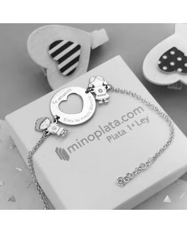MINOPLATA PULSERA CORAZON CON NINOS PERSONALIZADA DE PLATA DE LEY