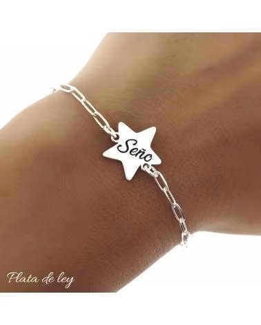 MINOPLATA PULSERA SENO ESTRELLA Y CADENA ALARGADA DE PLATA DE LEY