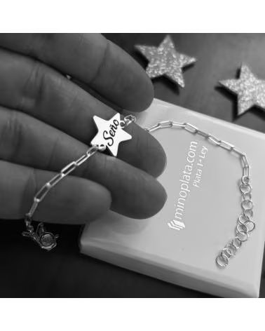 MINOPLATA PULSERA SENO ESTRELLA Y CADENA ALARGADA DE PLATA DE LEY