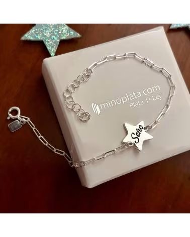 MINOPLATA PULSERA SENO ESTRELLA Y CADENA ALARGADA DE PLATA DE LEY