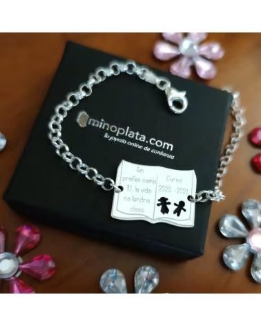 MINOPLATA PULSERA PERSONALIZADA LIBRO DE PLATA DE LEY PARA MAESTRAS