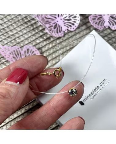 MINOPLATA GARGANTILHA DE FIO DE NYLON COM PONTO DE LUZ CHATON 5 MM EM PRATA