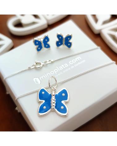 MINOPLATA JUEGO PENDIENTES Y GARGANTILLA DE PLATA MARIPOSAS AZULES NIN