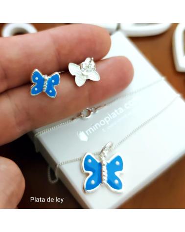 MINOPLATA JUEGO PENDIENTES Y GARGANTILLA DE PLATA MARIPOSAS AZULES NIN