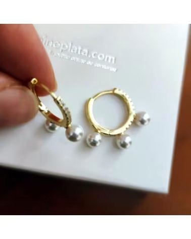 MINOPLATA PENDIENTES AROS DE PLATA BANO ORO 15 MM CON PERLAS CULTIVADA