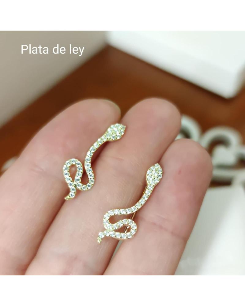 MINOPLATA PENDIENTES TREPADORES SERPIENTE DE PLATA DORADA Y CIRCONITAS