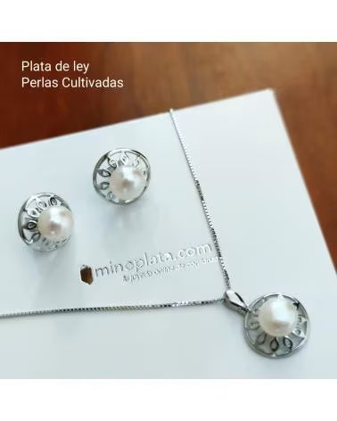 MINOPLATA CONJUNTO PENDIENTES Y COLLAR PLATA CALADA CON PERLAS CULTIVA