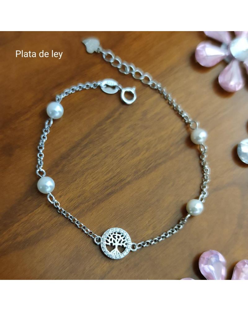 MINOPLATA PULSERA NINA ARBOL DE LA VIDA DE PLATA CON PERLAS Y CIRCONIT