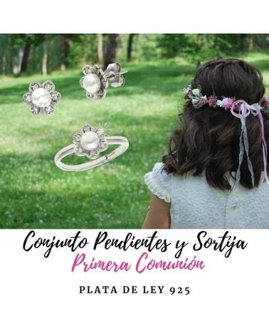 MINOPLATA CONJUNTO FLOR PENDIENTES Y ANILLO DE PLATA RODIADA CON PERLA