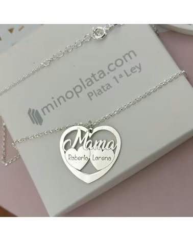 MINOPLATA GARGANTILLA MAMA 2 CORAZONES PERSONALIZADOS NOMBRE DE PLATA