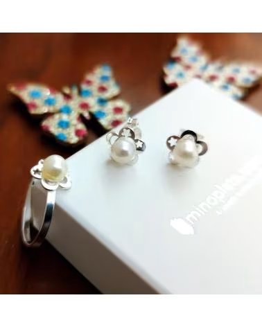 MINOPLATA CONJUNTO COMUNION PENDIENTES Y ANILLO DE PLATA DE LEY Y PERL