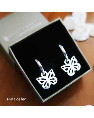 MINOPLATA PENDIENTES ARO 14MM DE PLATA DE LEY CON MARIPOSA COLGANTE