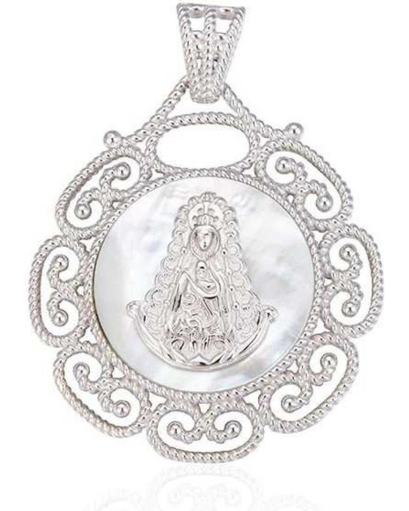 MINOPLATA MEDALLA VIRGEN DEL ROCIO CERCO CALADO DE PLATA Y NACAR 63MM