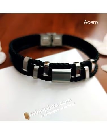 MINOPLATA PULSERA DE CUERO NEGRO CON CIERRE Y MOTIVOS EN ACERO