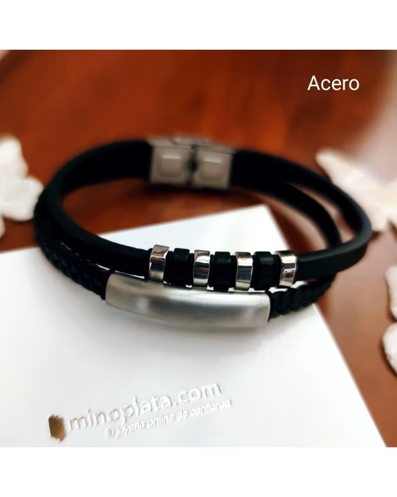 MINOPLATA PULSERA PIEL NEGRA TRENZA Y LISA CON DETALLES BRILLO MATE AC