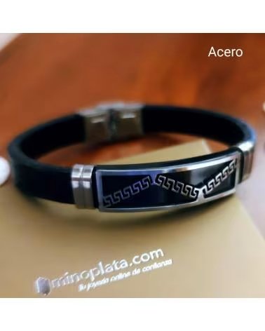 MINOPLATA PULSERA DE CUERO NEGRO CON PLACA ACERO ENVEJECIDO
