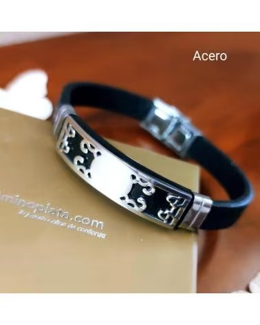 MINOPLATA PULSERA DE CUERO NEGRO CON PLACA DE ACERO CALADA