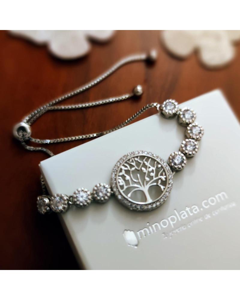 MINOPLATA PULSERA AJUSTABLE ARBOL DE LA VIDA PLATA DE LEY CON CIRCONIT