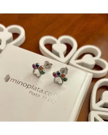 MINOPLATA PENDIENTES HUELLA DE PLATA DE LEY RODIADA CON PIEDRAS COLOR