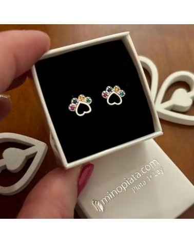 MINOPLATA PENDIENTES HUELLA DE PLATA DE LEY RODIADA CON PIEDRAS COLOR