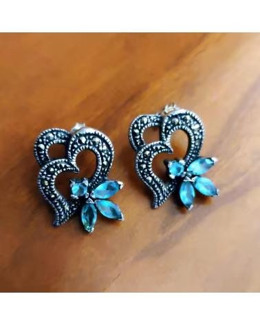 MINOPLATA PENDIENTES CALADOS DE PLATA VIEJA CON MARCASITAS Y TOPACIO