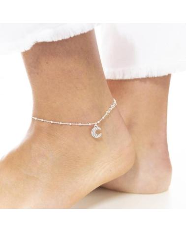 MINOPLATA PULSERA TOBILLERA BOLITAS Y LUNA COLGANTE DE PLATA DE LEY