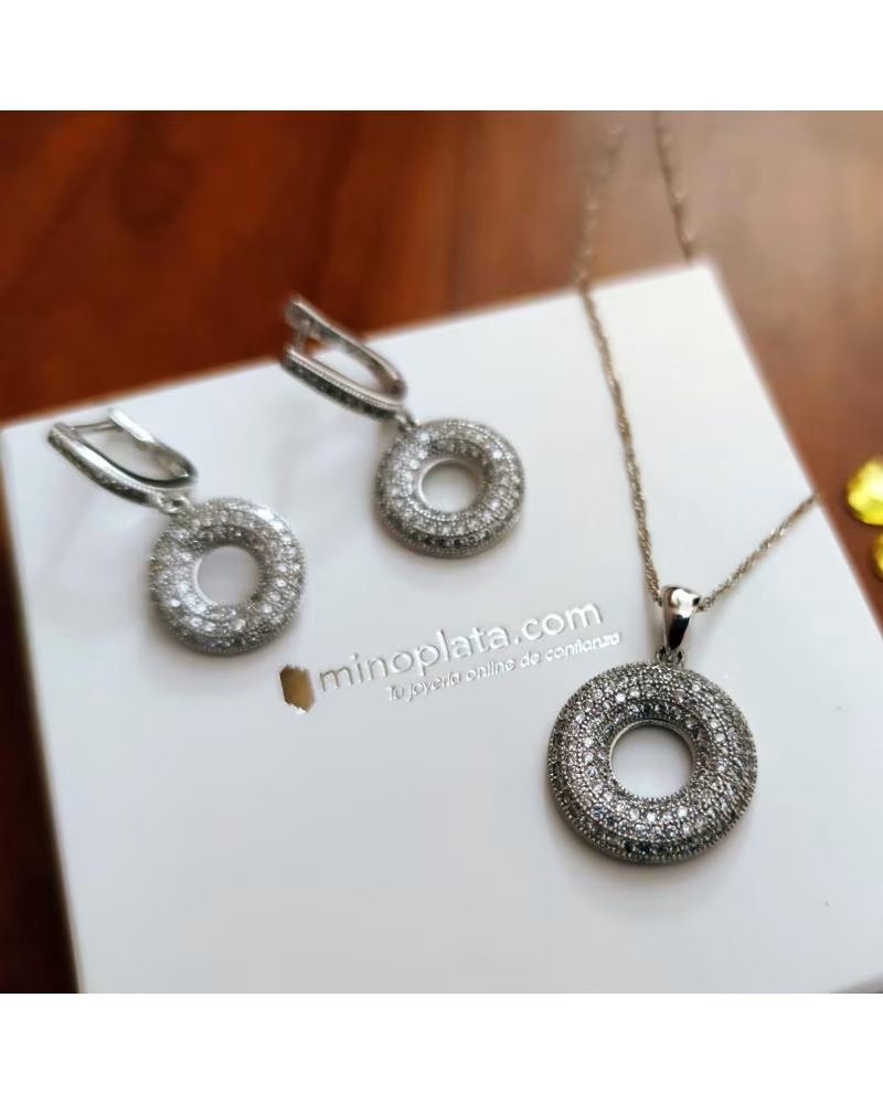 MINOPLATA JUEGO PENDIENTES Y COLLAR DONUT DE PLATA RODIADA Y CIRCONITA
