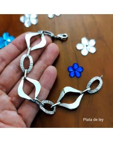 MINOPLATA PULSERA ESLABONES LISOS Y TALLADOS DE PLATA DE LEY RODIADA