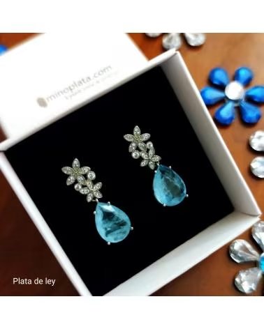 MINOPLATA PENDIENTES CIRCONITAS LAGRIMA AZUL CON FLORES EN PLATA DE LE