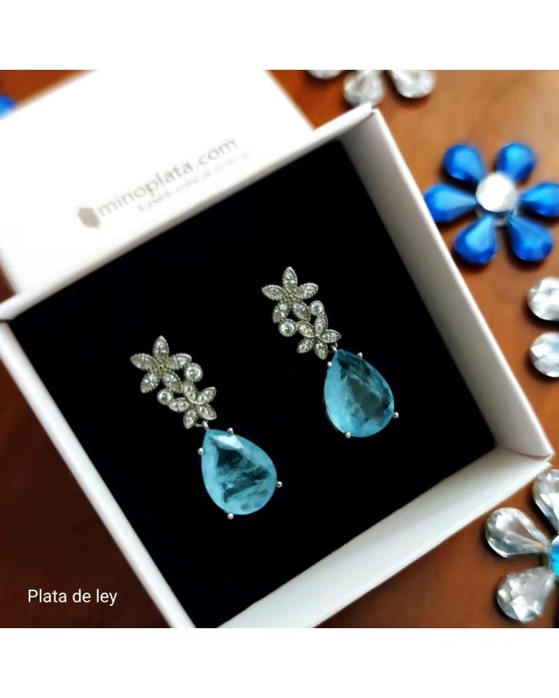 MINOPLATA PENDIENTES CIRCONITAS LAGRIMA AZUL CON FLORES EN PLATA DE LE