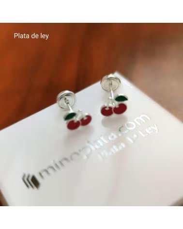 MINOPLATA PENDIENTES INFANTILES CEREZAS DE PLATA CON CIERRE SEGURIDAD