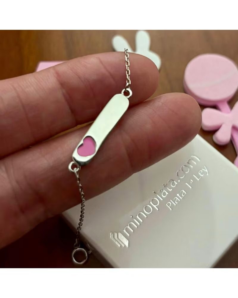 MINOPLATA PULSERA ESCLAVA INFANTIL CORAZON ROSA EN PLATA DE LEY RODIAD