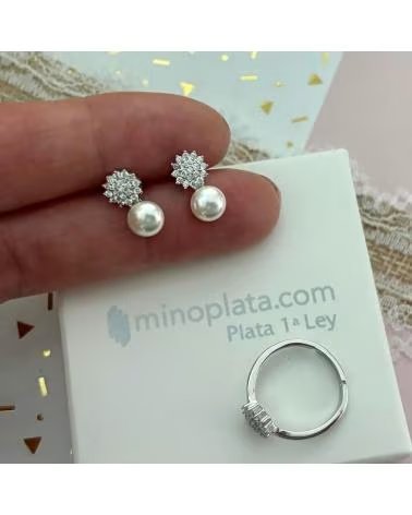 MINOPLATA JUEGO PENDIENTES Y ANILLO PARA COMUNION FLOR PLATA RODIADA C
