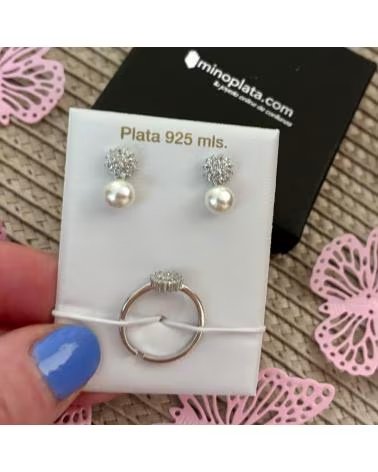 MINOPLATA JUEGO PENDIENTES Y ANILLO PARA COMUNION FLOR PLATA RODIADA C