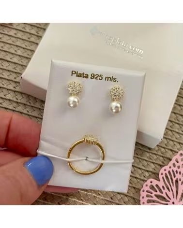 MINOPLATA JUEGO PENDIENTES Y ANILLO INFANTIL DE PLATA CHAPADA EN ORO C