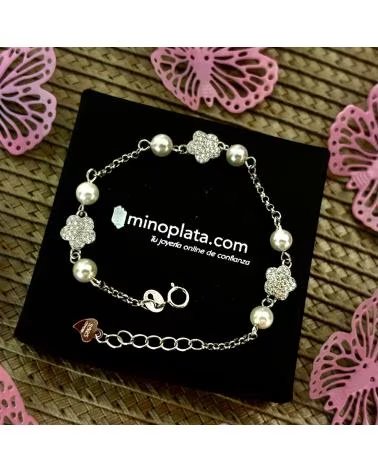 MINOPLATA PULSERA FLOR DE PLATA RODIADA CON PERLAS CULTIVADAS Y CIRCON