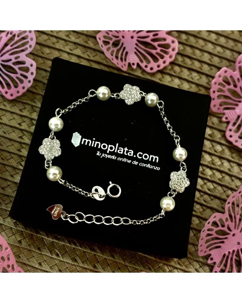 MINOPLATA PULSERA FLOR DE PLATA RODIADA CON PERLAS CULTIVADAS Y CIRCON
