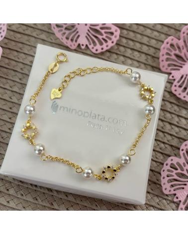 MINOPLATA PULSERA PRIMERA COMUNION DE PLATA CHAPADA EN ORO CON PERLAS